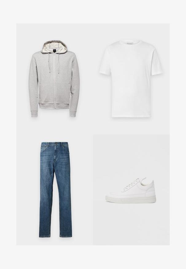 Sweatshirt gris avec une fermeture éclair à l'avant, capuche avec cordon de serrage, manches longues et poches latérales. Présente une doublure intérieure contrastante et un détail de logo.; T-shirt blanc à manches courtes en coton. Présente un col rond et un ourlet droit. Sans motifs ni embellissements. Design simple.; Jeans en denim bleu foncé, design à jambe droite, style à cinq poches, couture visible et fermeture à bouton classique. Effet de délavage léger sur le tissu.; Baskets en cuir blanc avec un embout arrondi, une semelle plate et un laçage à l'avant. Présentent des détails de couture et un col rembourré pour plus de confort.