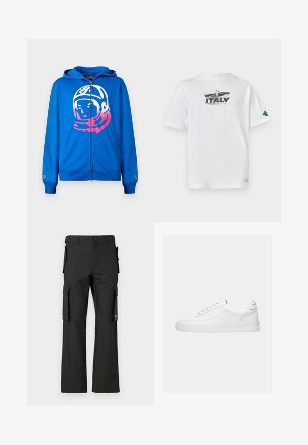 Sudadera con cremallera azul que presenta un gráfico de un astronauta en rosa y blanco en el frente. Fabricada con un tejido suave, cuenta con bolsillos laterales y puños acanalados.; Iceberg Camiseta estampada - bianco ottico; Pantalones cargo negros con un diseño de pierna recta, que cuentan con múltiples bolsillos laterales y un cierre de botón. Hechos de una tela duradera, con una textura suave.; Zapatilla deportiva blanca de corte bajo con diseño con cordones, parte superior de cuero liso y suela gruesa, vista de lado sobre un fondo liso.