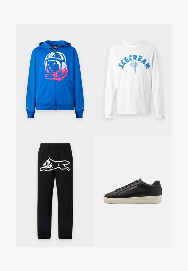 Sudadera con cremallera azul que presenta un gráfico de un astronauta en rosa y blanco en el frente. Fabricada con un tejido suave, cuenta con bolsillos laterales y puños acanalados.; Icecream ICECREAM CONE - Camiseta de manga larga - white; Pantalones deportivos negros con cintura elástica, que presentan un gran diseño blanco de estilo cartoon de una criatura saltando en la pierna izquierda.; Zapatilla de cuero negra con un acabado suave, suela crema en contraste, puntera redonda, logo dorado en el lateral y seis ojales para los cordones.