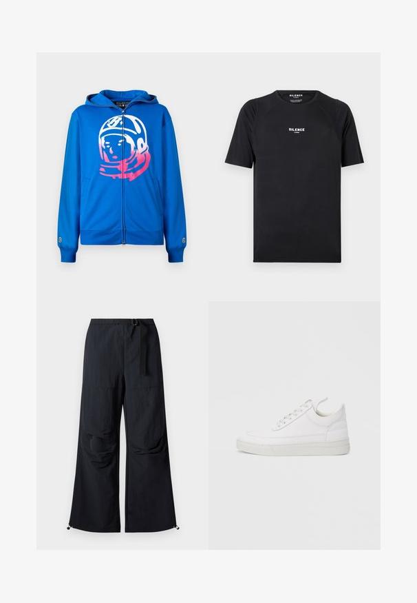 Sudadera con cremallera azul que presenta un gráfico de un astronauta en rosa y blanco en el frente. Fabricada con un tejido suave, cuenta con bolsillos laterales y puños acanalados.; Camiseta negra de manga corta hecha de una tela suave, con cuello redondo y un logo blanco que dice "SILENCE" en el pecho.; Pantalones negros de pierna ancha hechos de tela ligera. Cuentan con un cinturón, dos grandes bolsillos laterales y dobladillos ajustables con cierres de cordón.; Zapatilla blanca de cuero con punta redondeada, suela plana y cierre de cordones. Presenta detalles de costuras y un cuello acolchado para mayor comodidad.
