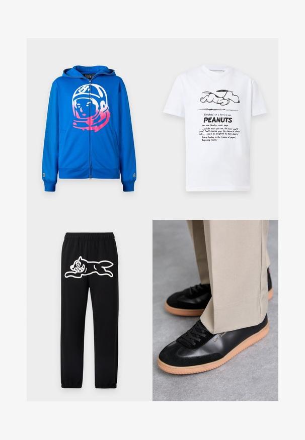 Sudadera con cremallera azul que presenta un gráfico de un astronauta en rosa y blanco en el frente. Fabricada con un tejido suave, cuenta con bolsillos laterales y puños acanalados.; Camiseta blanca con un dibujo lineal negro de Snoopy acostado encima de un texto que promociona la página del cómic dominical de Peanuts.; Pantalones deportivos negros con cintura elástica, que presentan un gran diseño blanco de estilo cartoon de una criatura saltando en la pierna izquierda.; Paul Smith COMO - Zapatillas - black