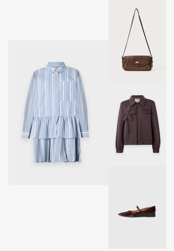 Veste bomber violette foncée avec fermeture éclair, appliqué en forme de fleur sur le côté gauche, col, et poignets et ourlet élastiques. Logo brodé sur la poche de la poitrine.; Robe chemise bleu clair à rayures verticales blanches, avec un bas volanté, des manches longues et une poche à rabat sur le côté gauche.; Ballerines en cuir verni bordeaux de type Mary Jane avec un bout pointu, un talon plat et une sangle décorative avec une boucle circulaire.; Sac bandoulière en daim marron avec une longue sangle réglable et une fermeture à tour dorée sur le rabat avant.