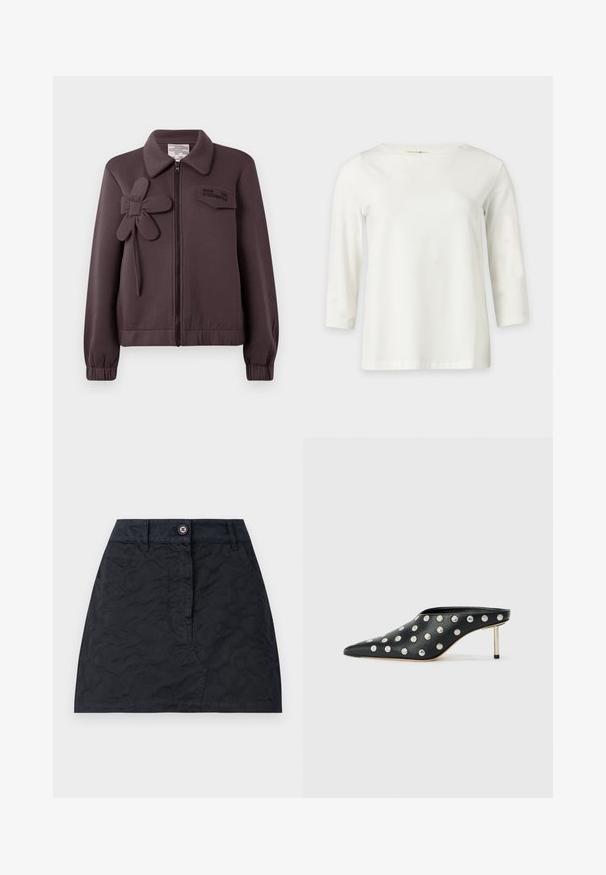 Veste bomber violette foncée avec fermeture éclair, appliqué en forme de fleur sur le côté gauche, col, et poignets et ourlet élastiques. Logo brodé sur la poche de la poitrine.; Chemise blanche à manches longues avec un col rond, présentée sur un fond clair uni.; Jupe noire à motif texturé, dotée d'une fermeture à boutons sur le devant, de deux poches et d'une coupe ajustée. Fabriquée en tissu durable.; STAND STUDIO KELSEY - Mules à talons - black