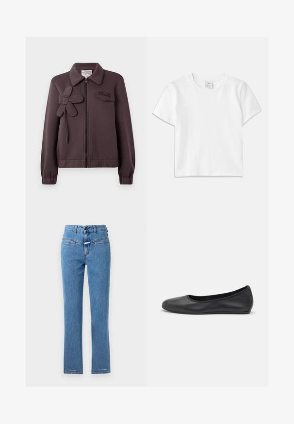 Veste bomber violette foncée avec fermeture éclair, appliqué en forme de fleur sur le côté gauche, col, et poignets et ourlet élastiques. Logo brodé sur la poche de la poitrine.; T-shirt en coton blanc avec un col rond, des manches courtes et un ourlet droit. Étiquette marquée "Won Hundred" au centre de l'encolure.; Jean en denim bleu clair avec une coupe droite, taille haute et deux poches avant. Présente une fermeture à bouton et des accents de marque près de l'ourlet.; Ballerines en cuir noir avec un bout rond, texture lisse, détails de couture minimalistes et design de semelle flexible.