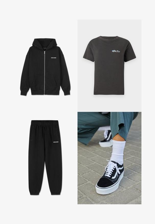 Sort zip-up hættetrøje lavet af bomuld, med en forlommo, ribbede manchetter og en hætte med snor. Inkluderer "PEGADOR" logo på brystet.; Sort bomulds T-shirt med rund halsudskæring og korte ærmer. Har et farverigt blomstermotiv på venstre brystområde. Klassisk pasform.; Sorte sweatpants lavet af blødt stof, med snoretræk i taljen, tætsiddende ben og sidelommer. "PEGADOR" logo i hvid på fronten.; Sorte ruskinds sneakers med hvide accenter og snørebånd, der har en tyk hvid sål og kontrasterende syninger, parret med en hvid sok.
