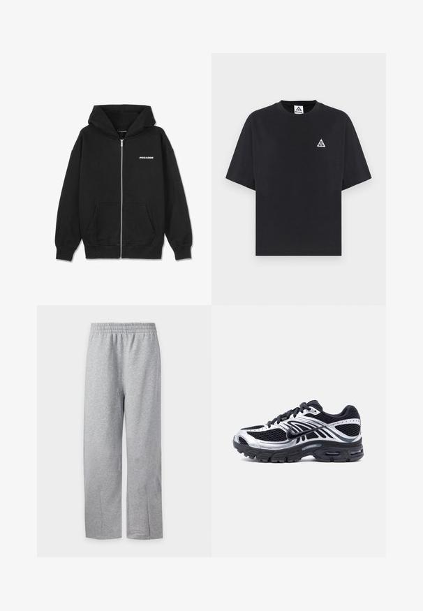 Sort zip-up hættetrøje lavet af bomuld, med en forlommo, ribbede manchetter og en hætte med snor. Inkluderer "PEGADOR" logo på brystet.; Sort kortærmet T-shirt med en lille hvid trekantet logo med bogstaverne "aCG" på venstre bryst og matchende mærkat inde i kraven.; Lysegrå joggingbukser med elastisk talje og lige ben vist på ensfarvet hvid baggrund.; Sort og sølv Nike løbesko med mesh-overdel, luftpolstret sål og snørebånd, vist fra siden på en hvid baggrund.