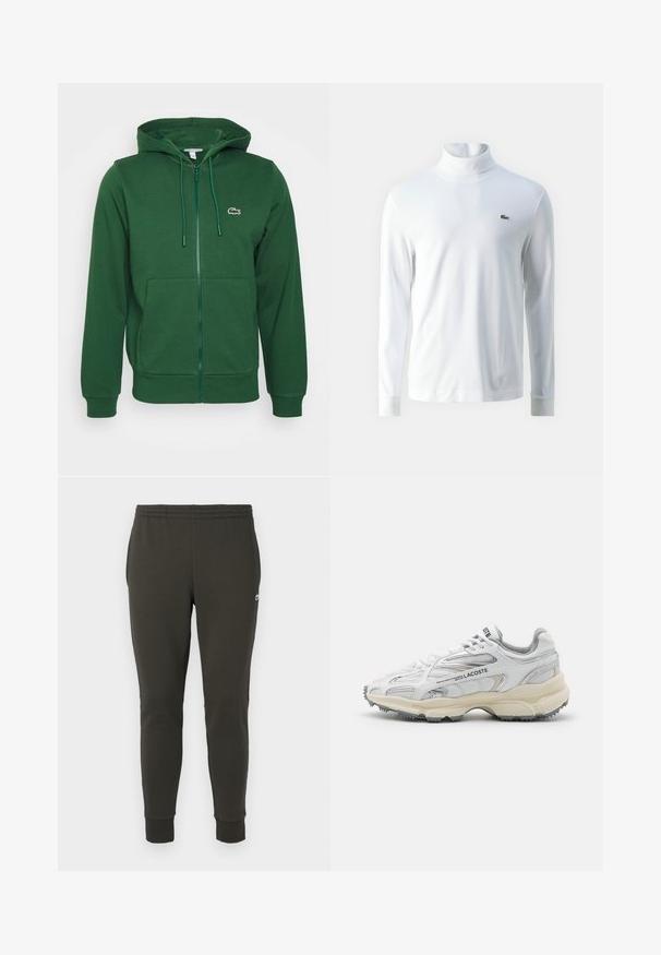 Grøn zip-up hoodie med kengurulommer, snor i hætten og logo accent. Lavet af blødt materiale med en glat tekstur.; Hvid langærmet turtleneck trøje lavet af blødt stof, med et lille grønt broderet logo på brystet og tætsiddende mancher.; Mørkegrønne joggers lavet af blødt stof, med elastisk talje, ribbede manchetter og et lille logo på siden.; Hvide sportssko med grå detaljer, overdel i mesh og syntetiske materialer, snørebåndsdesign og tekstureret gummisål med grebemønstre.