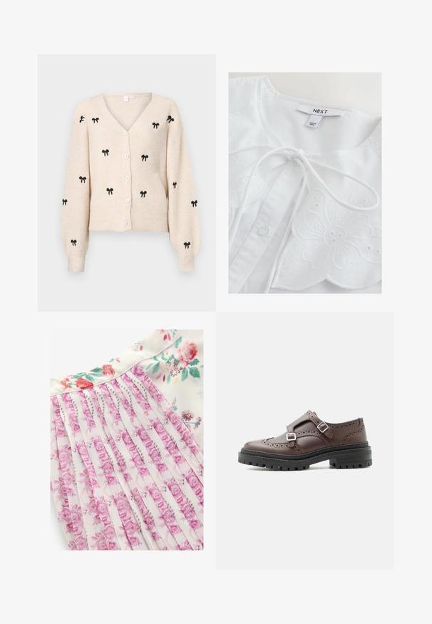 Beige gebreide cardigan met een V-hals, voorzien van zwarte geborduurde strikken, lange mouwen en witte knopen aan de voorkant.; Witte blouse met bloemenborduursel, met een ronde halslijn, een striksluiting en knoopdetails. Zachte katoenen stof met textuuraccenten.; Bloemenjurk met een witte achtergrond en roze en groene bloemenpatronen, geplooid ontwerp en een gladde stofstructuur.; Bruine leren brogue derby schoen met dubbele zilveren gespen en een dikke zwarte profielzool, zijaanzicht op witte achtergrond.
