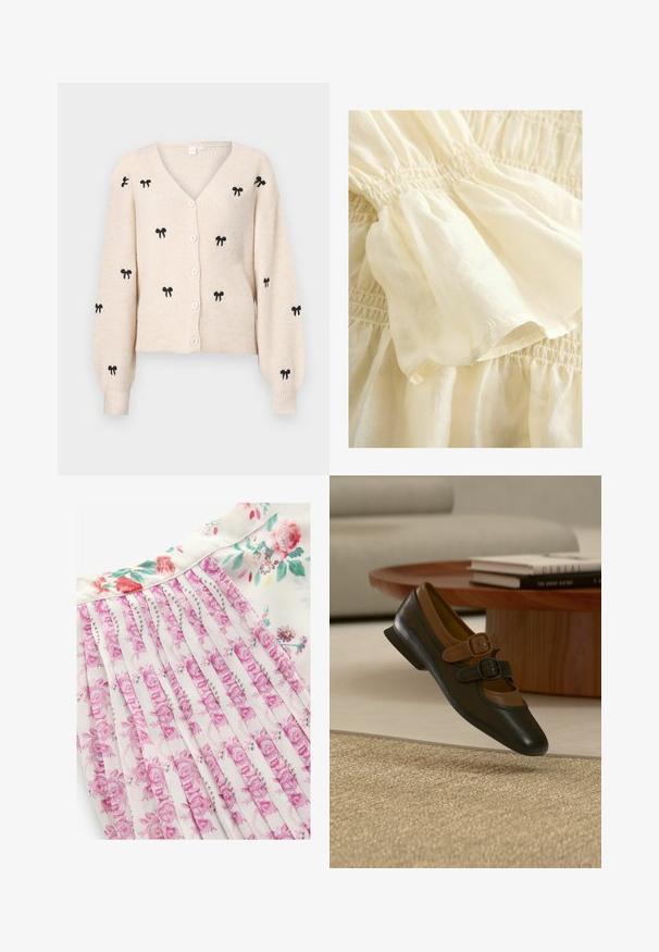 Beige strikket cardigan med V-udskæring, der har sorte broderede sløjfer, lange ærmer og hvide knapper foran.; Kremfarvet bomuldsstof med rynkede sektioner, der har en blød, let tekstur og en elastisk taljebåndsdetalje.; Blomsterkjole med hvid baggrund og pink og grønne blomstermønstre, plisseret design og en glat stoftekstur.; Sort og brun læder Mary Jane-sko med to spændelukninger, der svæver over et beige tæppe i et moderne stueindretning.
