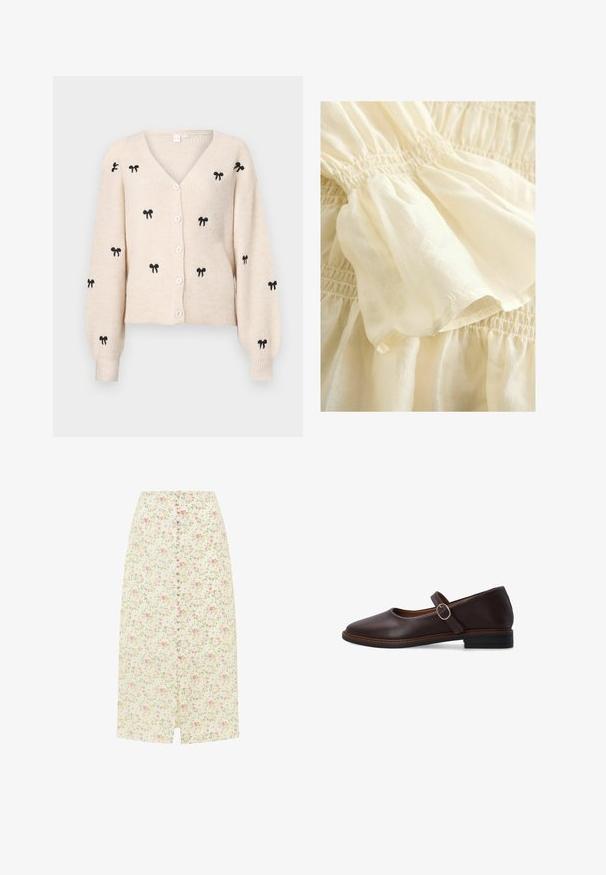 Beige gebreide cardigan met een V-hals, voorzien van zwarte geborduurde strikken, lange mouwen en witte knopen aan de voorkant.; Roomkleurige katoenen stof met geplooide delen, voorzien van een zachte, lichtgewicht textuur en een elastische tailleband.; Licht crèmekleurige midirok met roze en gele bloemenprint, vooraan bedekte knopen en een kleine voorsplit.; Donkerbruine platte Mary Jane-schoen met afgeronde neus, verstelbare band, zilveren gesp en lage gestapelde hak op witte achtergrond.