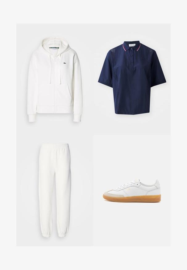 Veste à zip blanche en tissu doux, dotée d'une capuche, de poches kangourou et d'un petit logo vert Lacoste sur la poitrine gauche.; Polo shirt à manches courtes bleu marine avec fermeture à boutons, col contrasté avec des accents rouges et blancs, et panneaux latéraux perforés pour la respirabilité.; Pantalon de survêtement blanc en tissu tricoté doux. La taille et les poignets élastiques assurent une coupe décontractée. Design minimaliste, sans motifs ni accents visibles.; Baskets en cuir blanc avec des accents en suédine beige, semelle en caoutchouc gomme et design à lacets. Présente un logo discret en doré.