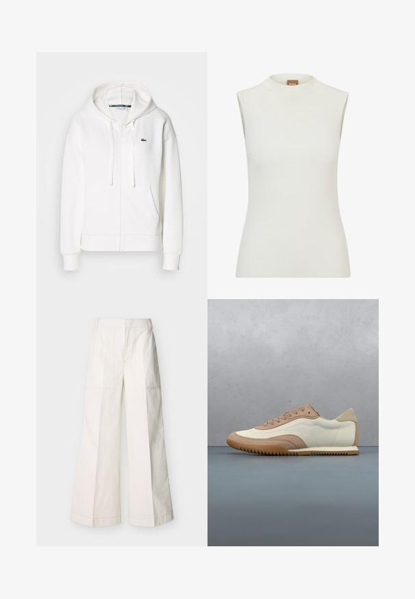 Valge lukuga kapuutsiga dressipluus, mis on valmistatud pehmest kangast. Sellel on kapuuts, konksukotid ja vasakul rinnal väike roheline Lacoste logo.; Valge, varrukateta topp kõrge kaelusega, ribakonstruktsiooni ja sobiva disainiga. Brändi silt "BOSS" on nähtav kaeluses.; Laiade lõikega püksid valgest puuvillast, esimesed taskud ja detailne õmblus. Sile tekstuur ja puhas, minimalistlik disain.; Kreemikas ja helepruun vabaajajalats tekstuurse pealiskihi, paelte ja kummist tallaga, esitatud puidust pinna ja kivikestega taustal.