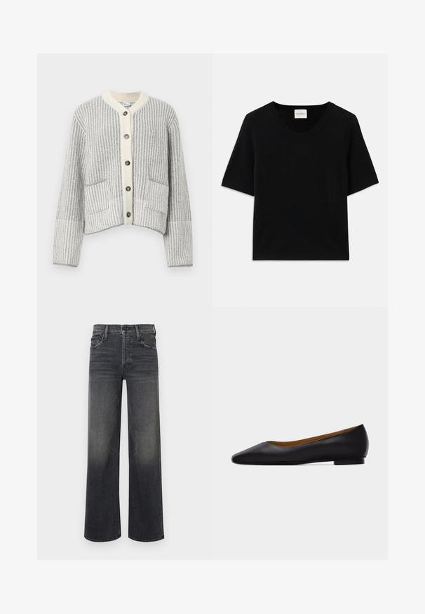 Cardigan en mélange de laine gris et crème, présentant un tricot côtelé vertical, un col en chevrons, six boutons foncés et deux poches frontales.; Haut tricot à manches courtes noir avec un col rond. Présente une texture lisse et des accents côtes le long du col et des manches.; Jeans à jambes larges en denim gris foncé, avec un effet dégradé subtil. Design classique à cinq poches avec passants de ceinture et coutures visibles.; Chaussure plate en cuir noir à bout pointu avec talon bas et finition lisse, vue de côté sur un fond gris clair.