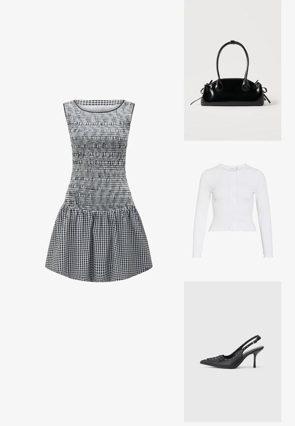 Cardigan blanc à manches longues côtelé avec col rond, petits boutons devant, et bords festonnés à l'ourlet et aux poignets.; Robe en vichy noir et blanc avec un corsage ajusté, une texture froncée et une jupe évasée. Encolure ronde simple et design sans manches.; Escarpin en cuir noir à talon aiguille avec un bout pointu, une bride latérale à boucle, des clous le long du bord et un laçage décoratif à l'avant.; Petit sac à main noir brillant avec deux longues anses et des détails à cordon sur les côtés sur un fond clair uni.