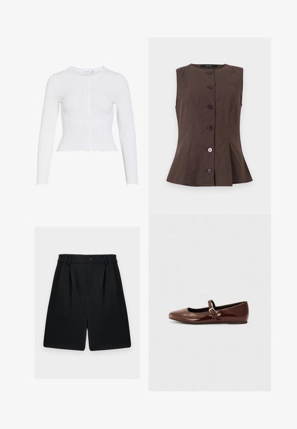 Cardigan blanc à manches longues côtelé avec col rond, petits boutons devant, et bords festonnés à l'ourlet et aux poignets.; Gilet marron sans manches boutonné, avec un col rond et des coutures cintrées, comprenant six boutons sur le devant, dont un plus clair.; Shorts noirs sur mesure longueur genou avec passants de ceinture, plis devant, fermeture par boutons et fermeture éclair dissimulée.; Ballerine en cuir verni marron avec un bout carré et une lanière ornée d'une petite boucle dorée. Texture lisse, talon bas et design minimaliste.
