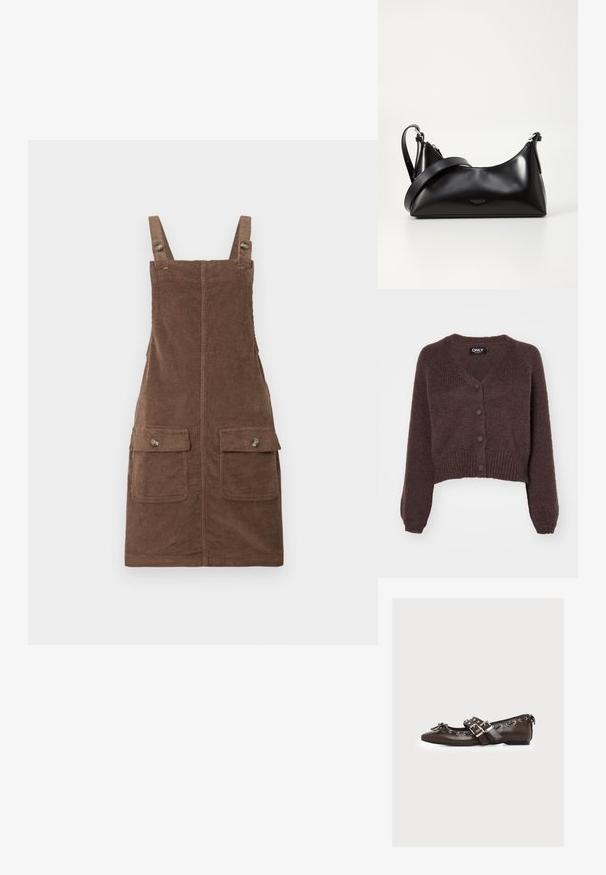 Brun strikket cropped cardigan med V-udskæring, seks knapper foran og ribbede manchetter og kant. Blød tekstur med løs pasform.; Brun fløjl overallkjole med justerbare stropper, to forlommer og en centralseam. Struktureret stof med et blødt udseende.; Brun læder flad sko med dobbelte sølvspænder, dekorative snørebånd langs kanterne og en lille sløjfe på den spidse tå.; Sort læderhåndtaske med en glat tekstur. Har en justerbar stropp og et enkelt, minimalistisk design med lynlås.