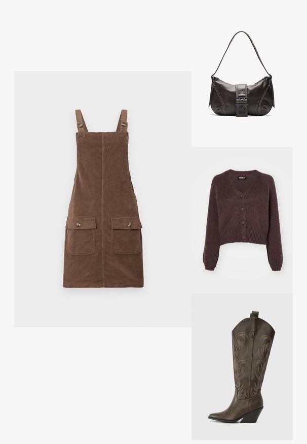 Brun strikket cropped cardigan med V-udskæring, seks knapper foran og ribbede manchetter og kant. Blød tekstur med løs pasform.; Brun fløjl overallkjole med justerbare stropper, to forlommer og en centralseam. Struktureret stof med et blødt udseende.; Brune læder cowboystøvle med spids tå, kilehæl og dekorativ broderi. Har en høj stok og en trækflap.; Brun læder skuldertaske med en buet form, der har et fremtrædende spænde, kontrasterende syninger og en enkelt skulderrem.