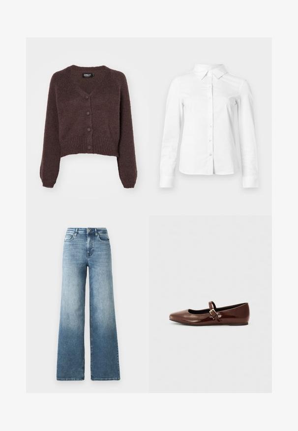 Cárdigan corto de punto marrón con escote en V, seis botones en la parte delantera y puños y dobladillo acanalados. Textura suave con un ajuste holgado.; Camisa blanca de manga larga con botones, cuello puntiagudo, bajo recto y silueta ajustada, presentada sobre un fondo claro y liso.; Jeans de denim de pierna ancha en lavado azul claro, con cintura alta, diseño de cinco bolsillos y un ligero desvanecimiento en la tela. Cierre clásico con botón de metal.; Bailarina de charol marrón con punta cuadrada y tira que presenta una pequeña hebilla dorada. Textura suave, tacón bajo y diseño minimalista.