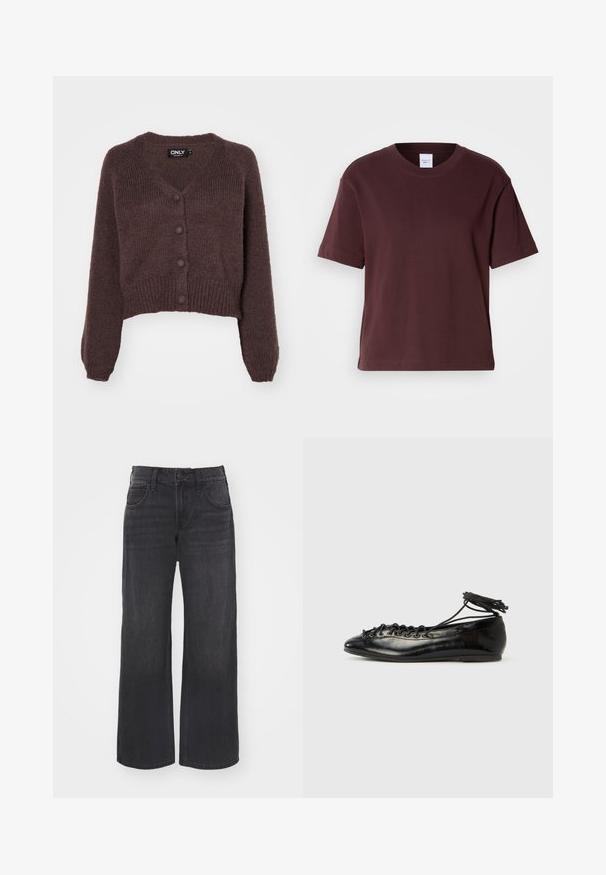 Bruine gebreide cropped cardigan met een V-hals, zes knopen aan de voorkant en geribde mouwen en onderkant. Zachte textuur met een losse pasvorm.; Bordeaux katoenen t-shirt met korte mouwen, een ronde hals en een relaxte pasvorm. Heeft een effen oppervlak zonder patronen of accenten.; Wijdvallende donkerdenim jeans met een hoge taille, knoopsluiting en een vijf-pocket ontwerp, met een consistente textuur en een donkere kleur doorheen.; Zwarte ballerina's van lakleer met een afgeronde neus, veterdesign en een platte zool. Glad oppervlak met minimale details.