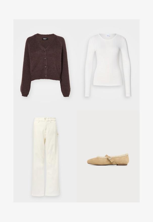 Brun strikket cropped cardigan med V-udskæring, seks knapper foran og ribbede manchetter og kant. Blød tekstur med løs pasform.; Hvid langærmet skjorte lavet af et blødt, glat stof; har en rund halsudskæring og en tætsiddende facon uden mønstre eller pynt.; Good American GOOD 90S CARPENTER - Wide leg - white denim; Beige flad sko med blødt pelsfor, rundet tå og en justerbar rem med en sølvspænde på siden.