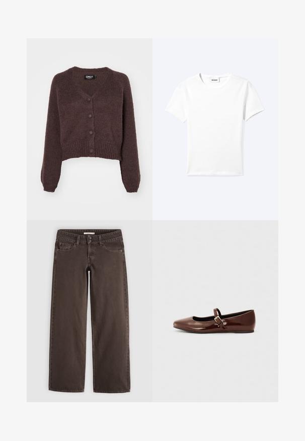 Brun strikket cropped cardigan med V-udskæring, seks knapper foran og ribbede manchetter og kant. Blød tekstur med løs pasform.; Ensfarvet hvid t-shirt med korte ærmer og rund halsudskæring med en lille "WEEKDAY" label indeni halskanten, vist fladt på en lys baggrund.; Brune straight-leg denim jeans med forlommer, møntlomme, bæltestropper og dobbelte knapper i taljen.; Brun patentlæder balletflade med firkantet tå og strop med en lille guldbuckle. Glat tekstur, lav hæl og minimalistisk design.
