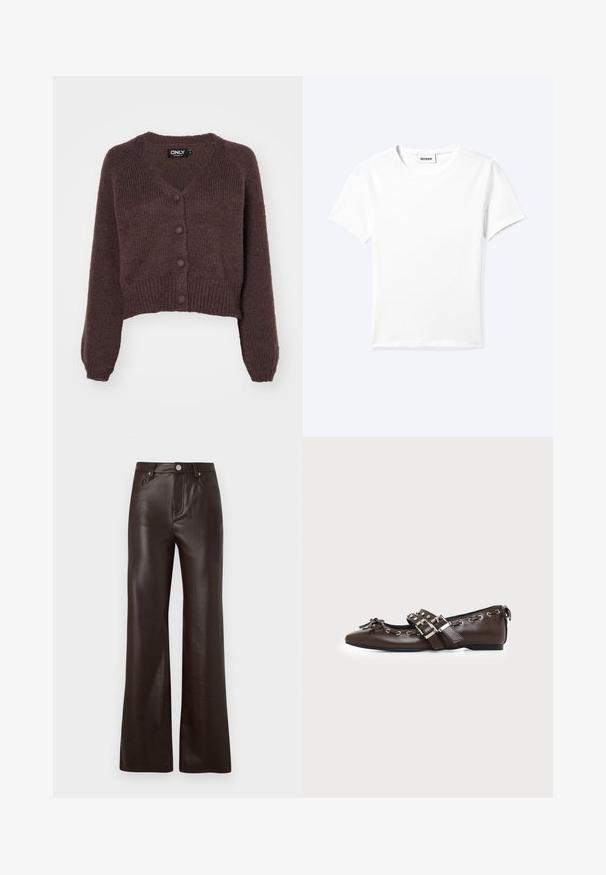 Brun strikket cropped cardigan med V-udskæring, seks knapper foran og ribbede manchetter og kant. Blød tekstur med løs pasform.; Ensfarvet hvid t-shirt med korte ærmer og rund halsudskæring med en lille "WEEKDAY" label indeni halskanten, vist fladt på en lys baggrund.; Vero Moda Wide-leg VMTESSA High rise - Bukser - chocolate torte; Mørkebrune lædersko med flad sål og spids snude, dobbelt sølvsnørrebånd, metaløjer og dekorativ sløjfe foran.