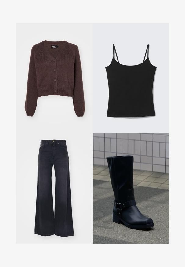 Brauner, gestrickter, kurzer Cardigan mit V-Ausschnitt, sechs Knöpfen an der Vorderseite sowie gerippten Bündchen und Saum. Weicher Stoff mit lockerer Passform.; Schwarzes, ärmelloses, kurz geschnittenes Tanktop mit dünnen Schulterträgern und geradem Ausschnitt auf hellem grauem Hintergrund.; Schwarze Jeans mit hoher Taille und weitem Bein, vorn mit Knopf und Reißverschluss sowie im Fünf-Taschen-Stil.; Schwarzer Lederstiefel bis zur Mitte der Wade mit niedrigem Blockabsatz und dekorativem Riemen mit Metallschnalle um den Knöchel, auf einem gefliesten Gehweg.