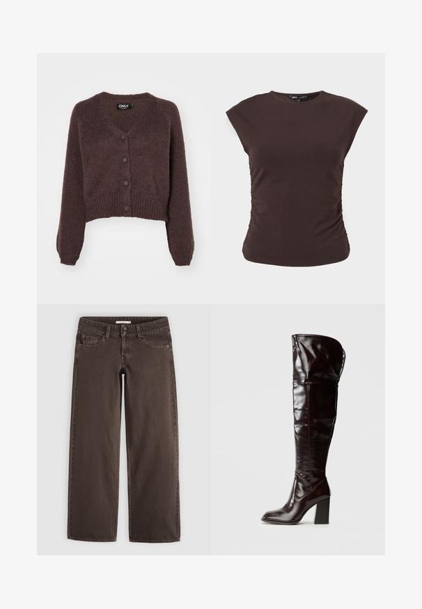 Brun strikket cropped cardigan med V-udskæring, seks knapper foran og ribbede manchetter og kant. Blød tekstur med løs pasform.; Mørkebrun ærmeløs tætsiddende top med let rynkeeffekt i siderne og rund halsudskæring.; Brune straight-leg denim jeans med forlommer, møntlomme, bæltestropper og dobbelte knapper i taljen.; Knæhøje, blanke bordeauxrøde læderstøvler med firkantet tå og blokhæl, der har et løstsiddende design og minimale syningsdetaljer.