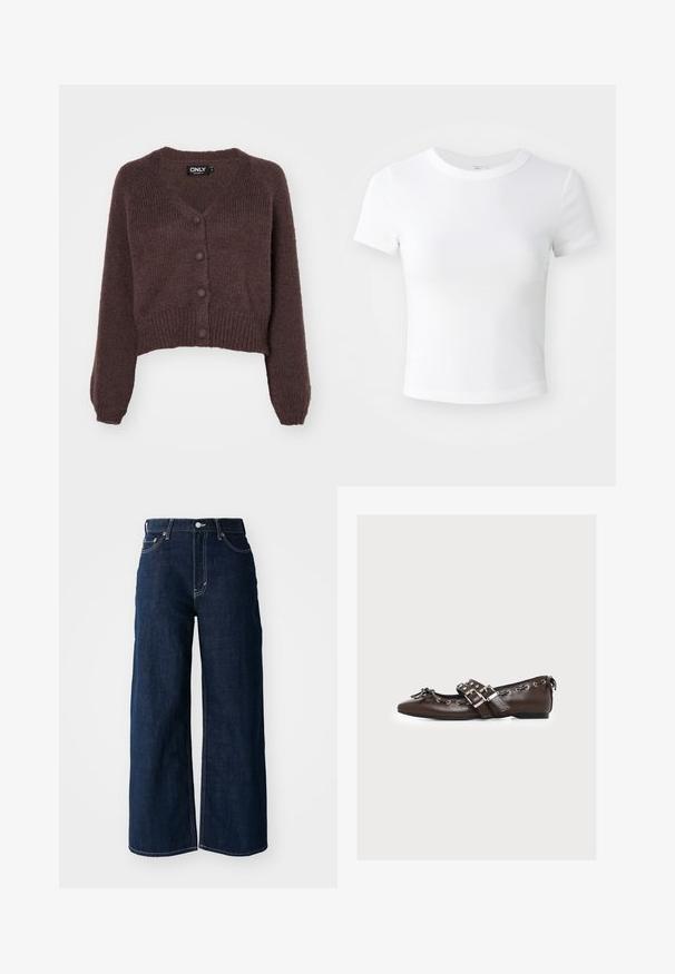 Cárdigan corto de punto marrón con escote en V, seis botones en la parte delantera y puños y dobladillo acanalados. Textura suave con un ajuste holgado.; Camiseta corta de manga corta blanca, con cuello redondo, exhibida sobre un fondo neutral claro.; Vaqueros de mezclilla oscuros de pierna ancha con costuras de contraste, diseño de cinco bolsillos y cierre de botón en la cintura.; Zapato plano de cuero marrón con doble correa con hebilla plateada, cordones decorativos a lo largo de los bordes y un pequeño lazo en la puntera puntiaguda.