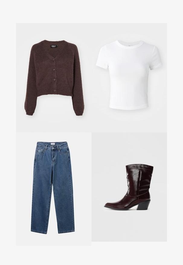 Gilet cropped en tricot marron avec un col en V, six boutons sur le devant et des poignets et un ourlet côtelés. Texture douce avec une coupe ample.; T-shirt courte à manches courtes, blanche, avec un col rond, présentée sur un fond neutre et lumineux.; Jean en denim bleu classique avec une coupe droite, cinq poches et une fermeture par bouton. Présente un lavage moyen et une texture robuste.; Bottines en cuir bourgogne avec un bout pointu, une surface texturée et un petit talon effilé. Présente une couture discrète et un ajustement confortable.