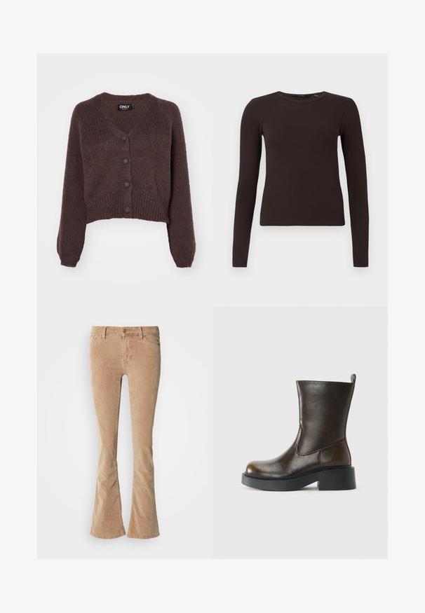 Brauner, gestrickter, kurzer Cardigan mit V-Ausschnitt, sechs Knöpfen an der Vorderseite sowie gerippten Bündchen und Saum. Weicher Stoff mit lockerer Passform.; Dunkelbraunes, geripptes Langarmshirt mit Rundhalsausschnitt und figurbetontem Schnitt, auf einem schlichten weißen Hintergrund präsentiert.; Beige durchgehende Cordhosen mit schimmernder Oberfläche, Fünf-Taschen-Design und metallischem Knopfverschluss mit Reißverschluss.; Dunkelbrauner Lederstiefel bis zur Mitte des Waden mit runder Spitze, dickem schwarzen Sohlen, niedrigem Blockabsatz und einer Zuglasche auf der Rückseite.