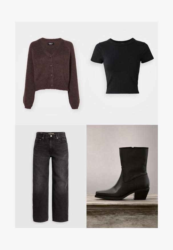 Brun strikket cropped cardigan med V-udskæring, seks knapper foran og ribbede manchetter og kant. Blød tekstur med løs pasform.; Sort cropped t-shirt lavet af solid bomuld, med korte ærmer og rund halsudskæring, med et glat og enkelt design.; Levi's® BAGGY DAD - Baggy jeans - shrink up; Sort læder ankelstøvle med spids tå, lav blokhæl, glat overflade og minimalistsk syning. Lynlåslukning synlig på bagsiden.