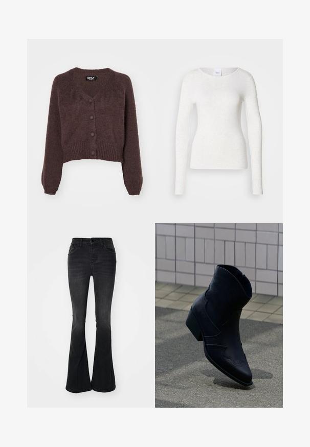 Brauner, gestrickter, kurzer Cardigan mit V-Ausschnitt, sechs Knöpfen an der Vorderseite sowie gerippten Bündchen und Saum. Weicher Stoff mit lockerer Passform.; Weißes Langarm-T-Shirt aus weichem, leichtem Stoff mit rundem Ausschnitt und schlanker Passform, das eine dezente Textur aufweist.; Schwarze, aus Denim gefertigte Schlagjeans mit hoher Taille, vorderen Taschen, einem Knopfverschluss und einem sauberen Saumabschluss.; Schwarzer Lederknöchelstiefel mit niedrigem Absatz, dekorativen Nähten und spitzer Spitze, aufrecht auf einer gepflasterten Fläche neben einer gefliesten Wand positioniert.