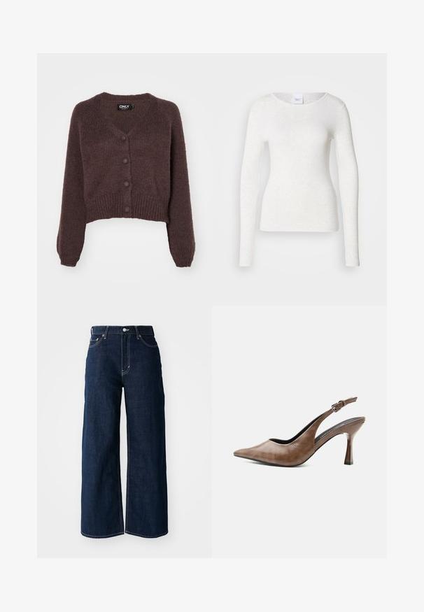Gilet cropped en tricot marron avec un col en V, six boutons sur le devant et des poignets et un ourlet côtelés. Texture douce avec une coupe ample.; T-shirt blanc à manches longues en tissu doux et léger avec un col rond et une coupe ajustée, présentant une texture subtile.; Jeans en denim bleu foncé à jambes larges avec des coutures contrastées, un design à cinq poches et une fermeture à bouton à la taille.; Chaussure slingback en cuir marron à talons hauts, bout pointu, bride ajustable à boucle et talon fin et effilé.