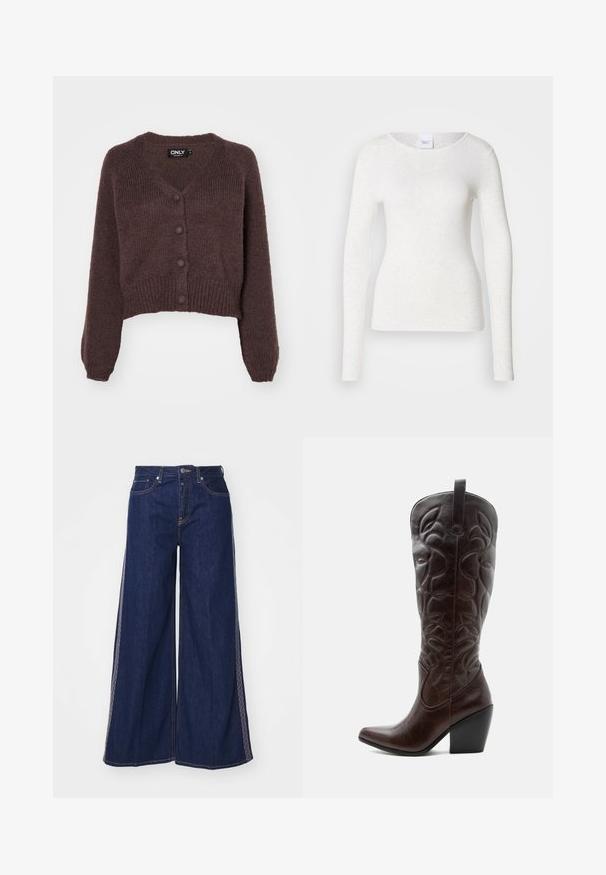 Brun strikket cropped cardigan med V-udskæring, seks knapper foran og ribbede manchetter og kant. Blød tekstur med løs pasform.; Hvid langærmet t-shirt i et blødt, letvægtsstof med rund halsudskæring og slank pasform, der har en diskret struktur.; Bredde ben denimbukser i mørkeblå, med kontrasterende syninger og høj talje. Stoffet er robust med en glat tekstur.; Høj mørkebrun læder cowboystøvle med syede dekorative mønstre, spids tå og stablet blokhæle.