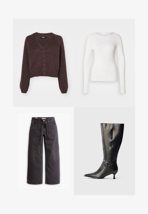 Brauner, gestrickter, kurzer Cardigan mit V-Ausschnitt, sechs Knöpfen an der Vorderseite sowie gerippten Bündchen und Saum. Weicher Stoff mit lockerer Passform.; Weißes Langarm-T-Shirt aus weichem, leichtem Stoff mit rundem Ausschnitt und schlanker Passform, das eine dezente Textur aufweist.; Schwarze, weit geschnittene Jeans aus Denim mit einem Zugbandbund, fünf Taschen und kontrastierenden Nahtdetails. Flacher Frontschnitt.; Schwarzer kniehoher Lederstiefel mit spitzer Zehenpartie und niedrigem Kittenabsatz, präsentiert vor einem schlichten hellen Hintergrund.