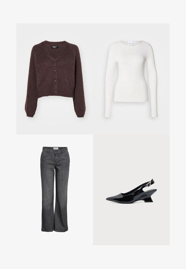 Bruine gebreide cropped cardigan met een V-hals, zes knopen aan de voorkant en geribde mouwen en onderkant. Zachte textuur met een losse pasvorm.; Wit T-shirt met lange mouwen van een zachte, lichtgewicht stof, met een ronde halslijn en een aansluitende pasvorm, met een subtiele textuur.; Wijd-uitlopende jeans in donkergrijze denim. Heeft een hoge taille, een traditionele vijf-pocket ontwerp en een nette zoom zonder versieringen.; Zwarte lakleren slingback schoen met spitse neus en lage schuine blokhak op een effen lichte achtergrond.