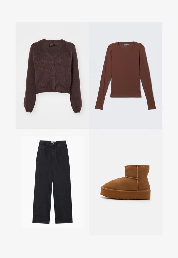 Bruine gebreide cropped cardigan met een V-hals, zes knopen aan de voorkant en geribde mouwen en onderkant. Zachte textuur met een losse pasvorm.; T-shirt met lange mouwen in donkerbruine stof. Heeft een ronde hals en een eenvoudig, aangesloten ontwerp zonder zichtbare patronen of hardware.; Zwarte high-waisted spijkerbroek met wijde pijpen, frontknopen en ritssluiting, ceintuurlussen en een vijf-pocket stijl.; Bruine suède enkellaars met een ronde neus, zachte textuur en een dikke rubberen zool. Kenmerkt zich door gestikte details en een laag profiel ontwerp.