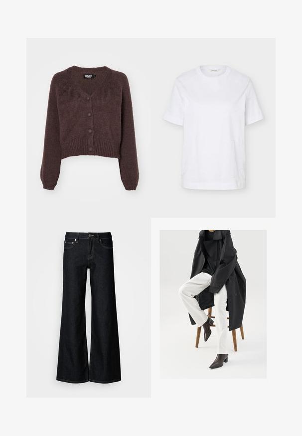 Gilet cropped en tricot marron avec un col en V, six boutons sur le devant et des poignets et un ourlet côtelés. Texture douce avec une coupe ample.; T-shirt blanc à manches courtes col rond avec un subtil motif ondulé cousu et une petite étiquette beige à l’intérieur du col.; Jean en denim foncé à jambes larges avec une taille haute, un design à cinq poches et une couture contrastée jaune le long des coutures.; Un trench-coat noir, surdimensionné, porté sur un haut noir, associé à un pantalon blanc et des bottines à bout pointu marron, assis sur un tabouret en bois.