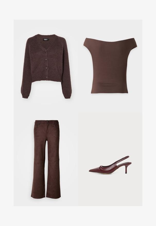 Bruine gebreide cropped cardigan met een V-hals, zes knopen aan de voorkant en geribde mouwen en onderkant. Zachte textuur met een losse pasvorm.; Bruine aansluitende off-shoulder top met korte mouwen en een rechte halslijn op een witte achtergrond.; Bruine flared pants van een zachte, suede-achtige stof. Beschikt over vier zakken, een knoopsluiting en een gladde, gestructureerde oppervlakte.; Bordeauxkleurige leren slingback kittenheel met puntige neus en kleine strikdetail bovenop, afgebeeld op een witte achtergrond.