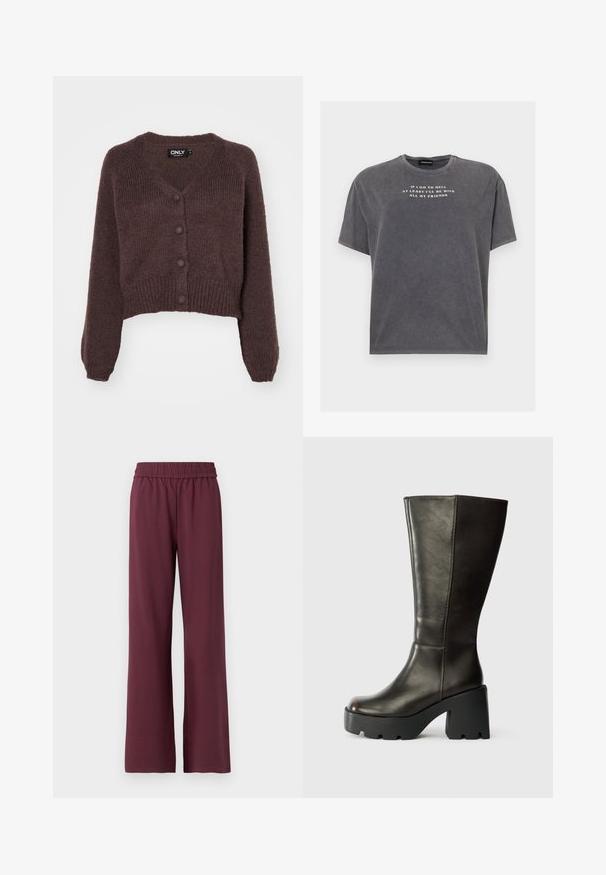 Cárdigan corto de punto marrón con escote en V, seis botones en la parte delantera y puños y dobladillo acanalados. Textura suave con un ajuste holgado.; Even&Odd TONIA TEE - Camiseta estampada - black; Pantalones de pierna ancha burdeos con cinturilla elástica, hechos de una tela suave, que presentan una textura lisa y un ajuste relajado.; Bota de cuero marrón hasta la rodilla con punta redonda, gruesa plataforma negra y tacón cuadrado. Presenta una textura lisa y detalles de costura mínimos.