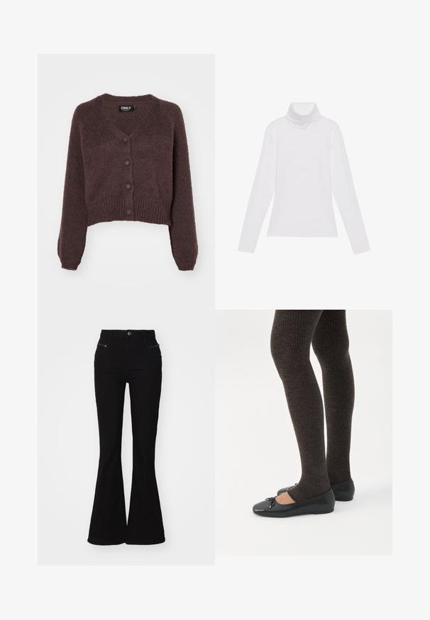 Bruine gebreide cropped cardigan met een V-hals, zes knopen aan de voorkant en geribde mouwen en onderkant. Zachte textuur met een losse pasvorm.; Witte lange mouw turtleneck top gemaakt van glad, elastisch materiaal. Voorzien van een hoge kraag en een getailleerd ontwerp, zonder zichtbare patronen of versieringen.; Zwarte flared jeans met een hoge taille, voorzien van zijzakken en ritssluitingen. Gemaakt van denim met een gladde textuur.; Benen met donkere geribbelde leggings gecombineerd met zwarte ballerina's met kleine strikdetails op een witte achtergrond.