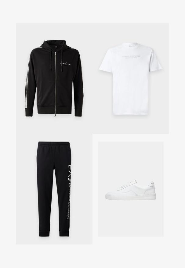 Sort fuld-zip hoodie med hvide striber på ærmerne, snore mærket "Armani Exchange" og lille broderet Armani Exchange-logo på brystet.; Hvid bomulds T-shirt med rund halsudskæring, korte ærmer og prægede "ARMANI EXCHANGE MILANO/NEW YORK" logo på fronten.; Sorte sweatpants lavet af en bomuldsblanding, med elastisk talje, smalle ben, ribbede manchetter og hvidt logo print langs siden.; Hvid lavt sneaker med snørelukning, glat læderoverdel og tyk sål, vist fra siden på en ensfarvet baggrund.