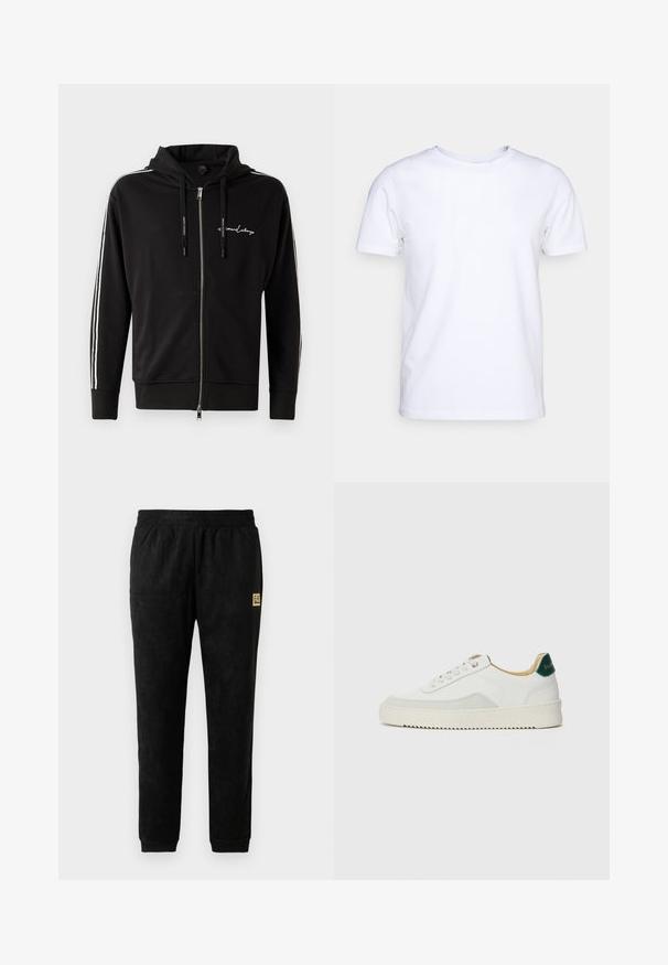 Sort fuld-zip hoodie med hvide striber på ærmerne, snore mærket "Armani Exchange" og lille broderet Armani Exchange-logo på brystet.; Hvid kortærmet t-shirt i bomuldsstof med rund halsudskæring. Enkel design uden mønstre eller detaljer. Glat tekstur.; Sorte velour joggingbukser med elastisk talje, manchetter ved anklerne, sidelommer og et lille beige EA7 Emporio Armani logo-patch på låret.; Hvide sneakers med ruskindsdetaljer, rund tå, flade snørebånd og en cremet gummisål. Har grøn branding på hælen.