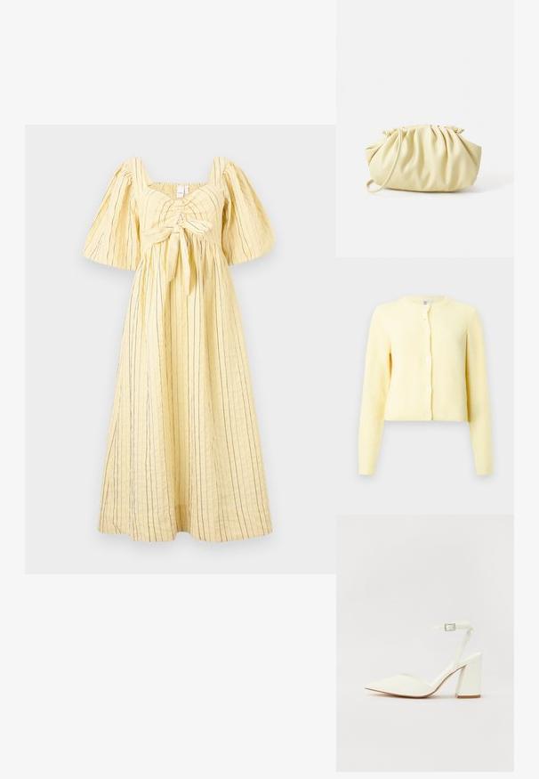 Cardigan jaune à côtes avec manches longues, encolure ronde et cinq boutons sur le devant. Texture douce avec une coupe cropped.; Robe jaune en tissu texturé avec des rayures verticales bleues. Elle présente un décolleté carré, des manches bouffantes et un détail de taille nouée.; Sandale blanche à talon avec un bout pointu, sangle de cheville réglable et un talon carré épais. Texture lisse avec des détails de couture minimaux.; Sac à main plissé jaune en simili cuir lisse, arborant une forme douce avec une bandoulière unique et un design froncé sur le dessus.