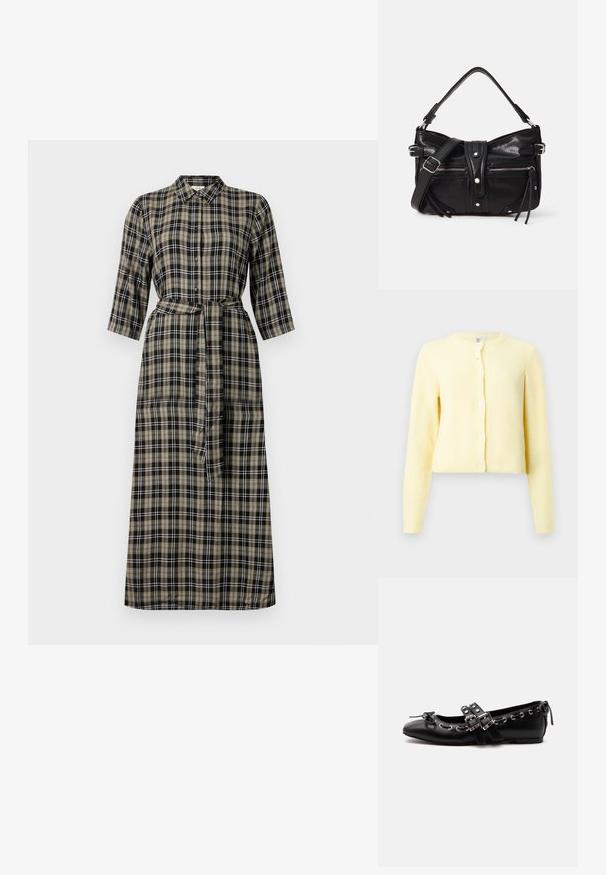 Geel geribbeld vest met lange mouwen, ronde halslijn en vijf knoopsluitingen aan de voorkant. Zachte textuur met een cropped fit.; Lang geruit jurk met een kraag, knoopsluiting aan de voorkant, driekwartmouwen en een strik taille. Kleuren zijn zwart, beige en wit.; Zwarte platte balletschoen met dubbele gespsluitingen, zilveren oogjes en een klein strikje nabij de afgeronde neus op een witte achtergrond.; Even&Odd by Zalando H24462 - Handtas - black