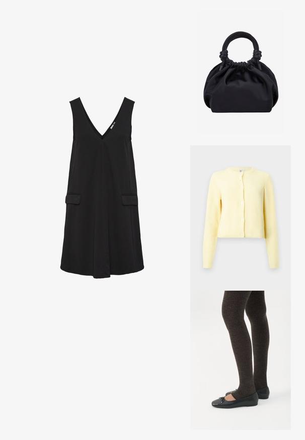 Geel geribbeld vest met lange mouwen, ronde halslijn en vijf knoopsluitingen aan de voorkant. Zachte textuur met een cropped fit.; Zwarte mouwloze V-hals jurk met voorflappen en A-lijn silhouet.; Benen met donkere geribbelde leggings gecombineerd met zwarte ballerina's met kleine strikdetails op een witte achtergrond.; Zwarte zachte stoffen handtas met geplooide bovenkant en ronde gewatteerde handvatten, vastgeknoopt aan elke kant.