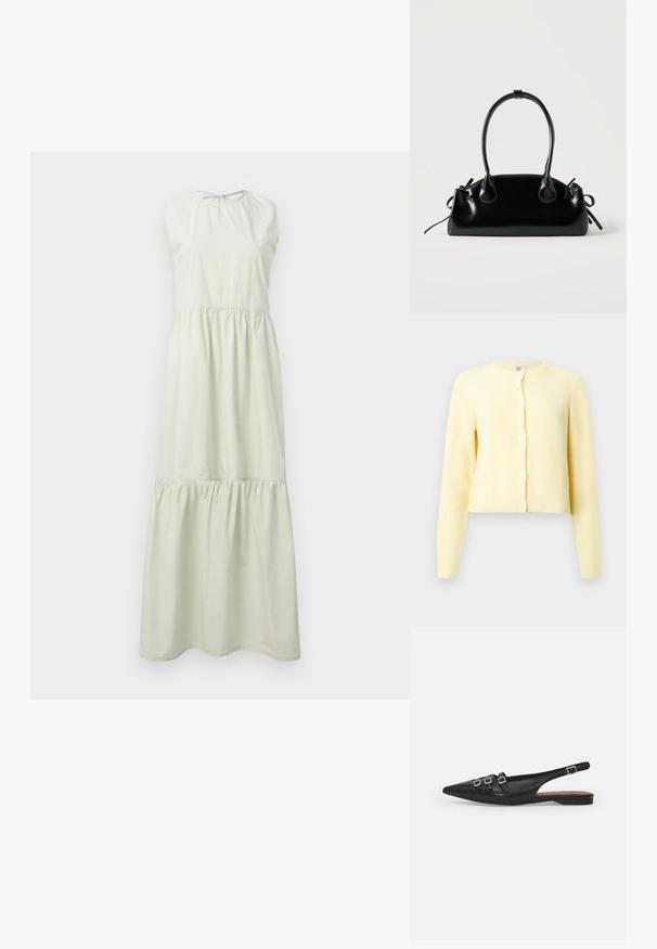 Cardigan jaune à côtes avec manches longues, encolure ronde et cinq boutons sur le devant. Texture douce avec une coupe cropped.; Robe maxi en vert clair, avec un col rond, un design sans manches et des sections tiered froncées. Tissu en coton doux avec une silhouette fluide.; Chaussure plate noire en cuir avec un bout pointu, dotée de deux lanières horizontales et de boucles carrées en argent, avec un faible talon et une texture lisse.; Petit sac à main noir brillant avec deux longues anses et des détails à cordon sur les côtés sur un fond clair uni.