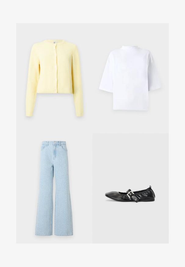 Cárdigan amarillo con canalé, de mangas largas, escote redondo y cinco botones en la parte delantera. Textura suave y ajuste cropped.; Top blanco de algodón de manga corta con escote alto y redondeado y ajuste holgado. Textura suave, sin patrones ni detalles visibles.; Pantalones vaqueros de mezclilla anchos de color azul claro con una cintura alta, que cuentan con un cierre de botón, cinco bolsillos y una sutil textura desgastada.; Zapato plano de piel negra con puntera afilada, detalle fruncido alrededor de la abertura y un acento de hebilla plateada en la correa ajustable.