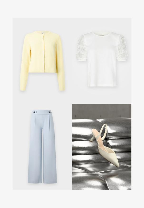 Žltý rebrovaný cardigan s dlhými rukávmi, okrúhlym výstrihom a piatimi gombíkmi pozdĺž prednej strany. Mäkká textúra s cropped strihom.; Biela tričko s krátkym rukávom s kvetinovým aplikovaním na rukávoch, s okrúhlym výstrihom a mäkkou bavlnenou tkaninou.; Svetlomodré široké nohavice s plochým predným dielom, záhybmi a dvoma čiernymi gombíkmi v páse. Vyrobené z hladkej tkaniny s čistým prevedením.; Jediná biela dámska obuv na vysokom podpätku so špicatou špičkou a remienkom na päte leží na lesklej, kovovo striebornej profilovanej ploche.